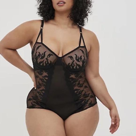 TORRID NWT UNLINED UNDERWIRE BODYSUIT - EMBROIDERED FLAMES BLACK - Picture 3 of 6